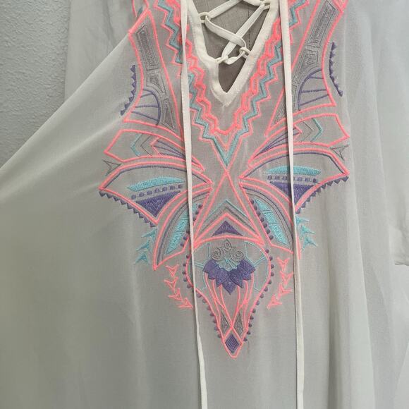 Flying Tomato Boho Neon Embroidered Sheer Cover Up Size Medium Resort Wear - Picture 3 of 8